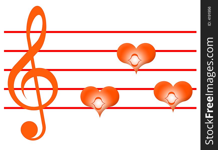 Red musical lines, treble clef and notes in the form of hearts on a white background
