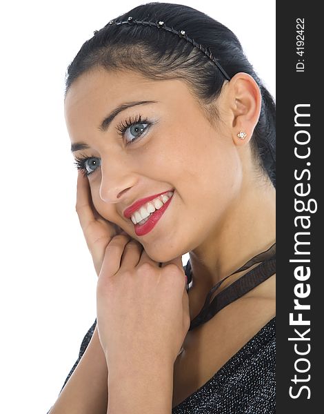 Portrait of the brunette with blue eyes on white background