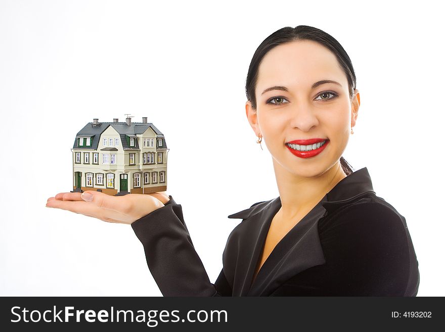 Woman with little house on hand over white