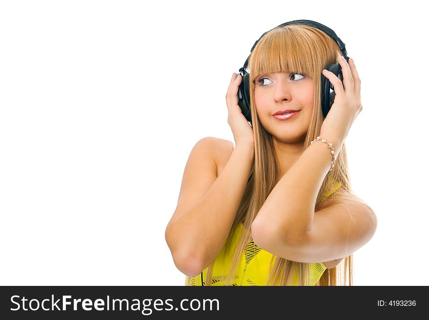 Woman in head phones on white background