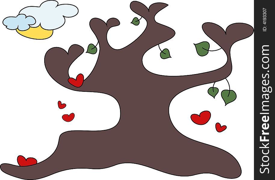 Illustration of a tree with heart-shaped branches and heart-shaped fruit. Illustration of a tree with heart-shaped branches and heart-shaped fruit