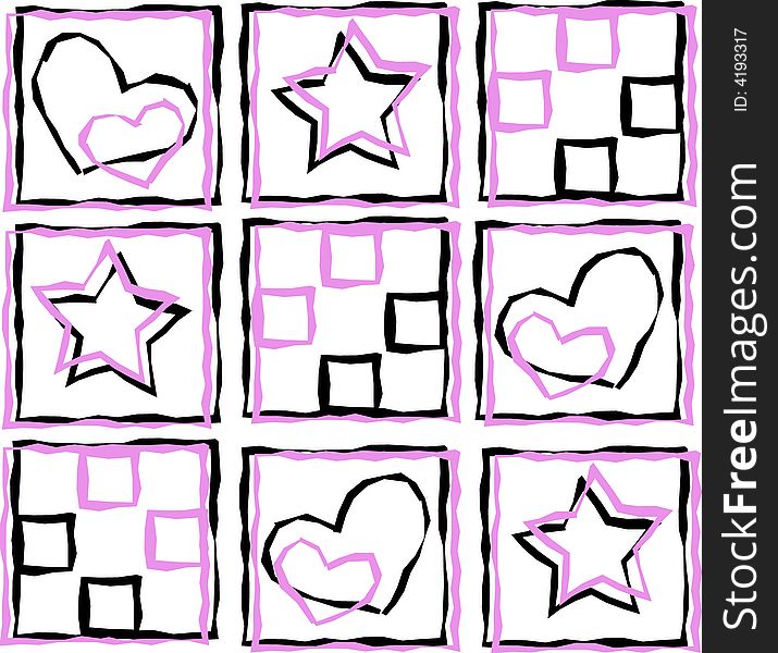 Cute pattern in colors pink and black, including heart and star symbols. Cute pattern in colors pink and black, including heart and star symbols