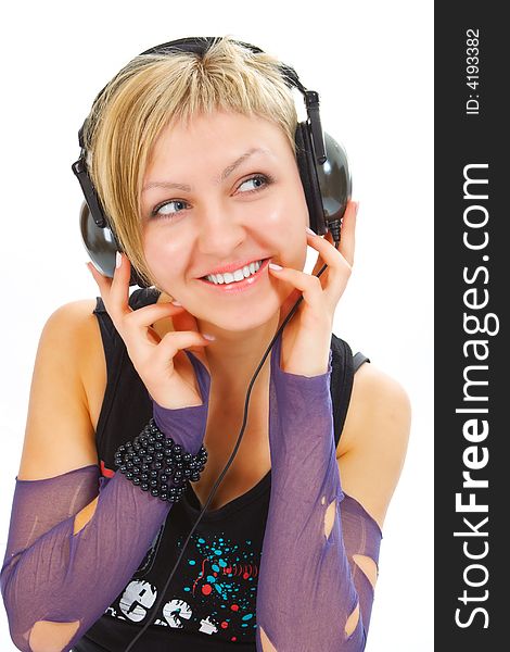 Woman in head phones on white background. Woman in head phones on white background