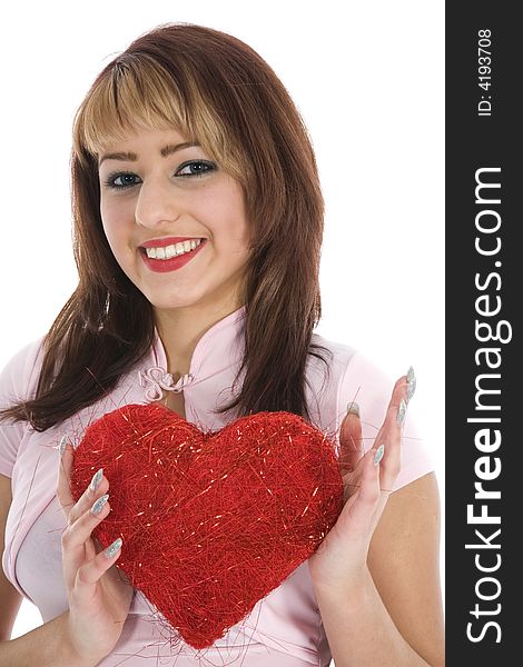 Portrait redheaded with spotted dress on white background