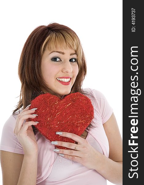 Portrait redheaded with spotted dress on white background