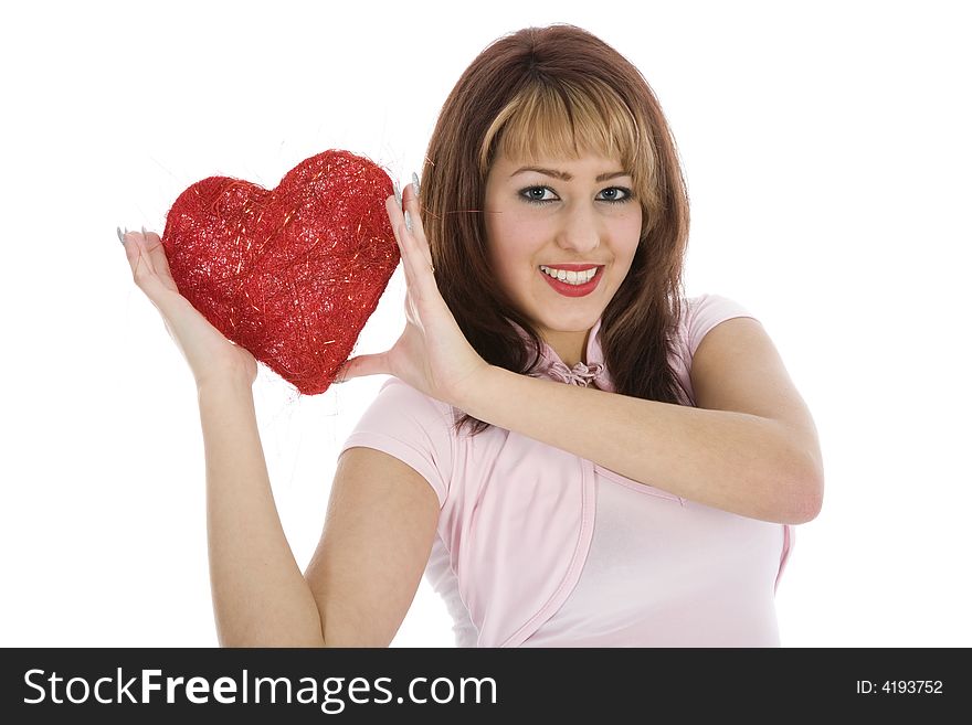 Portrait redheaded with spotted dress on white background