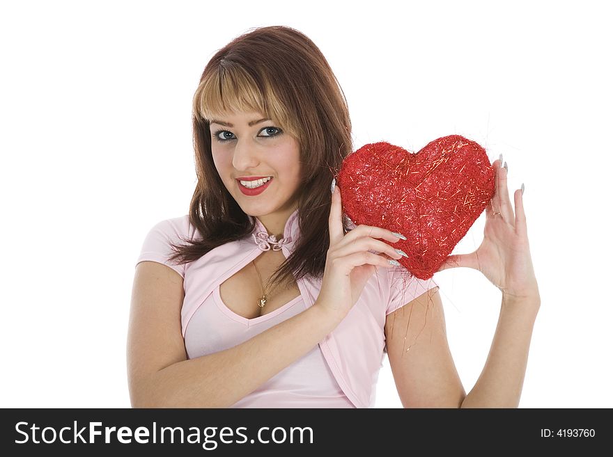 Portrait redheaded with spotted dress on white background