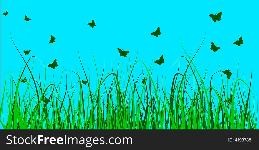 Vector illustration of several butterflies over a field of grass. Vector illustration of several butterflies over a field of grass