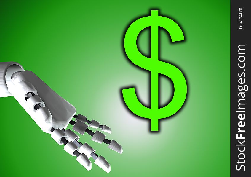 A conceptual image of a robot hand with a dollar, it would be a good image for technology and money concepts. A conceptual image of a robot hand with a dollar, it would be a good image for technology and money concepts.