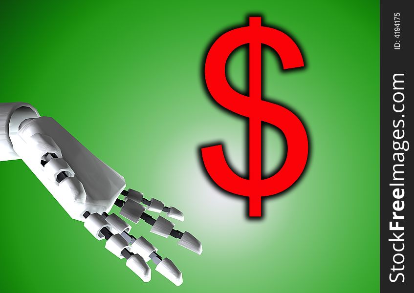 A conceptual image of a robot hand with a dollar, it would be a good image for technology and money concepts. A conceptual image of a robot hand with a dollar, it would be a good image for technology and money concepts.