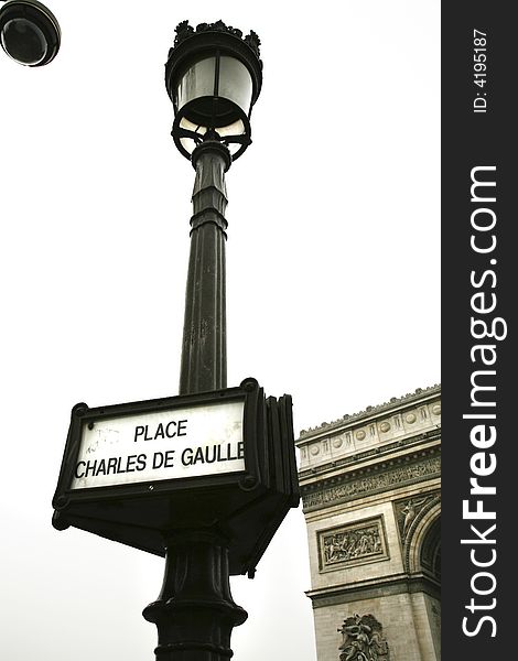 Lamppost with de gaulle square sign in paris france. Lamppost with de gaulle square sign in paris france