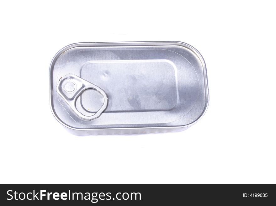 Metal can with fishes on the white background