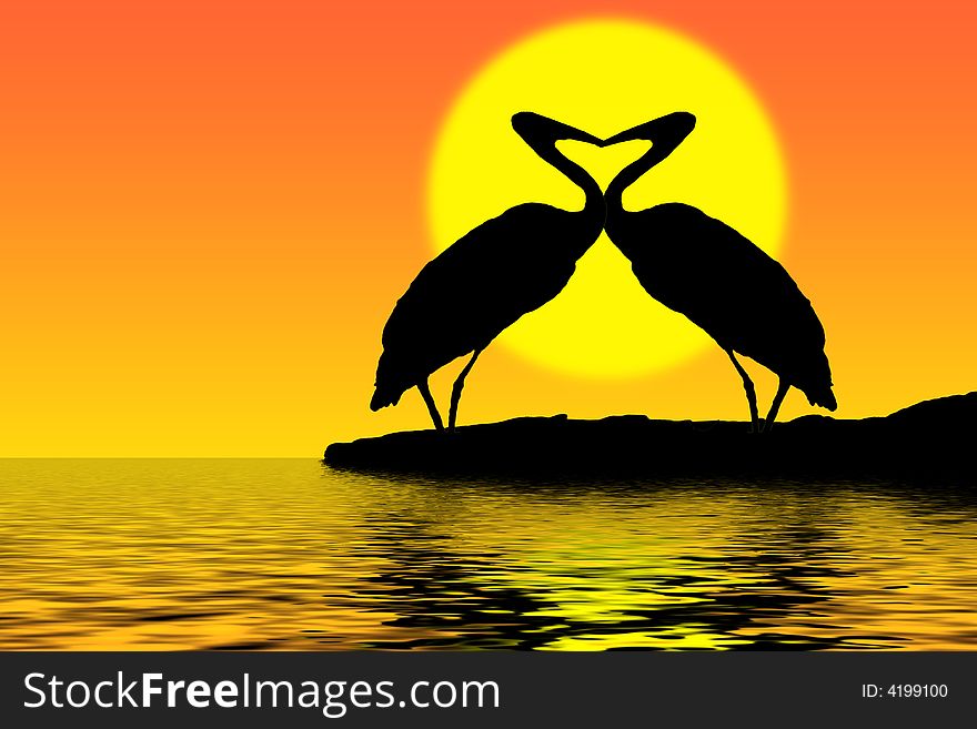 Herons in love silhouette in a red sunset. Herons in love silhouette in a red sunset.