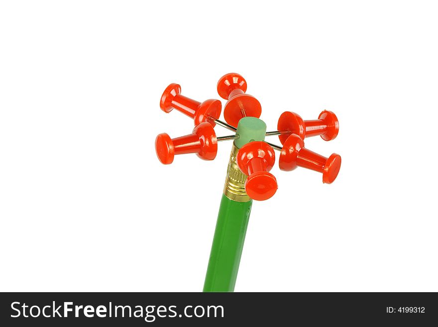 Pencil and pins artificial daisy flower isolated. Pencil and pins artificial daisy flower isolated