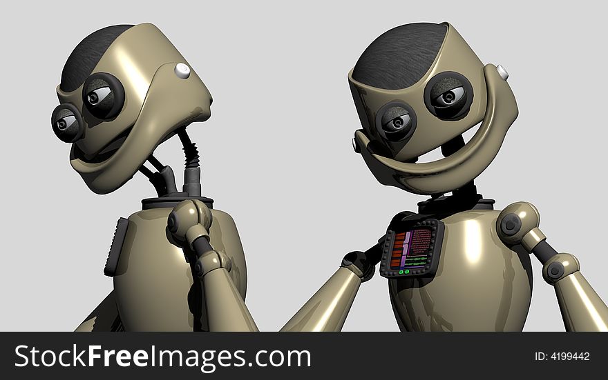 A silly robot smiling at cam