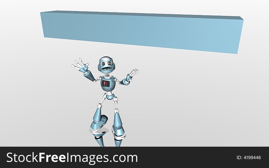 A silly robot presents banner. A silly robot presents banner