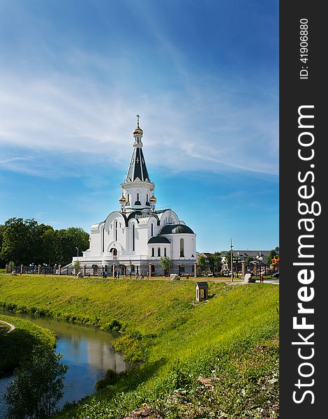 Cityskape with church of St. Alexander Nevsky on summer day