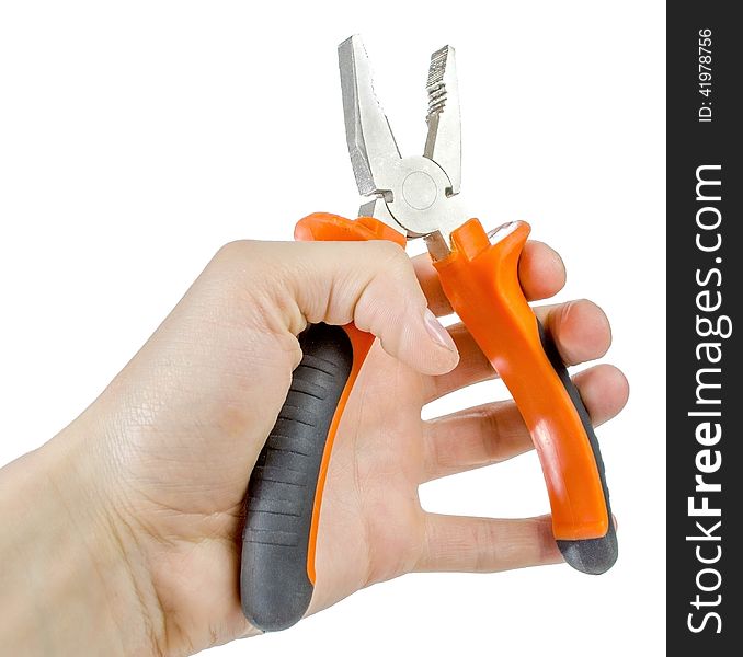 Pliers in hand on a white background.