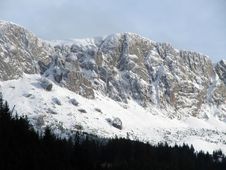 Mountain Peaks Covered With Snow And Little Forest Downhill Stock Photography
