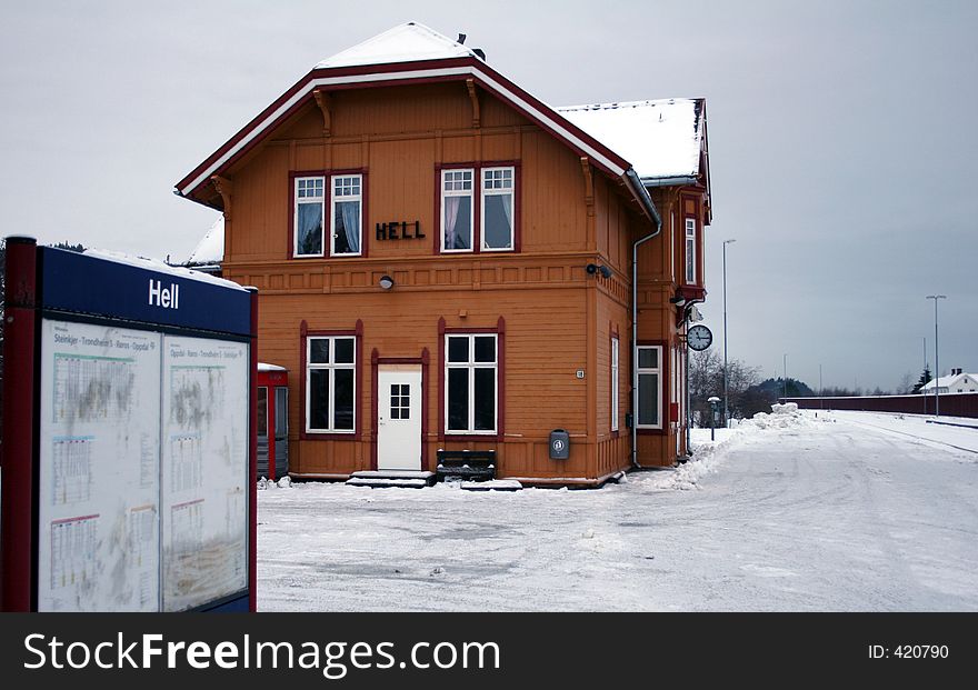 The trainstation in Hell, Norway. Refering to the frace when hell freezes over.