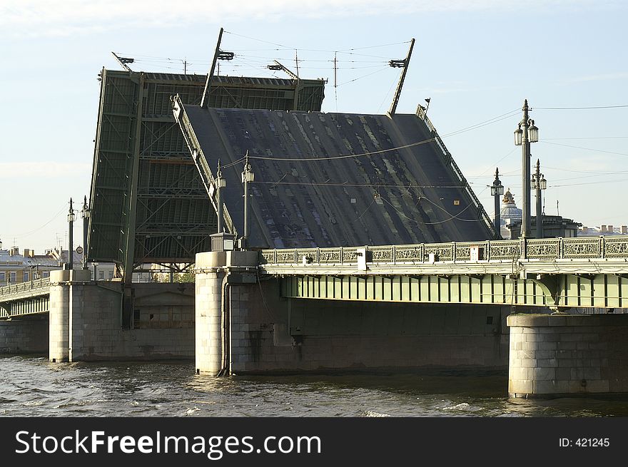 Raising the Schmidt's Bridge over Neva river in Saint Petersburg