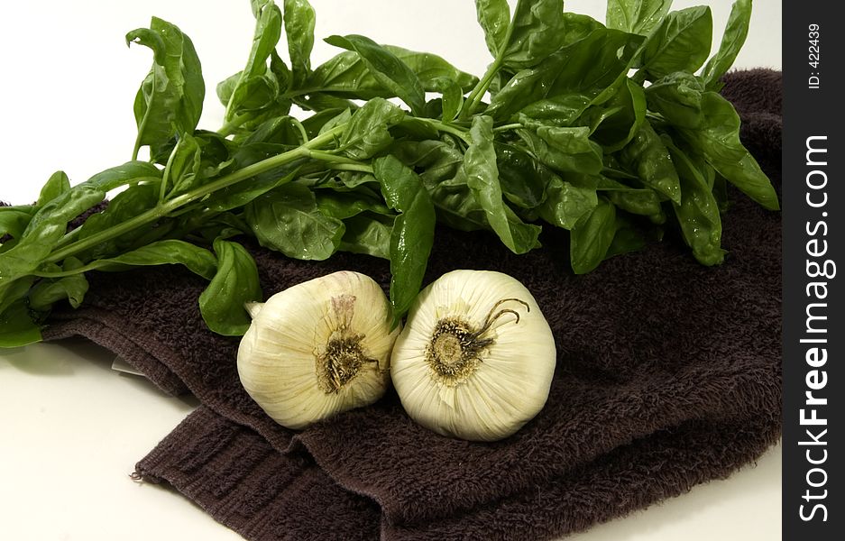 Freshly picked basil and garlic from the garden gathered and ready to prepare for cooking in the kitchen. Freshly picked basil and garlic from the garden gathered and ready to prepare for cooking in the kitchen.