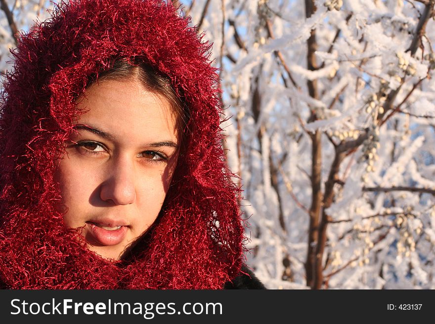 Beautiful ethnic girl in sparkly burgundy head scarf against muted winter background with space for copy.