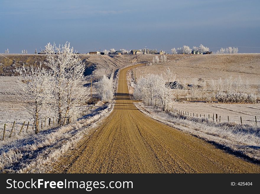 A gravel backroad extends through prairie land on a mid winter morning. A gravel backroad extends through prairie land on a mid winter morning.