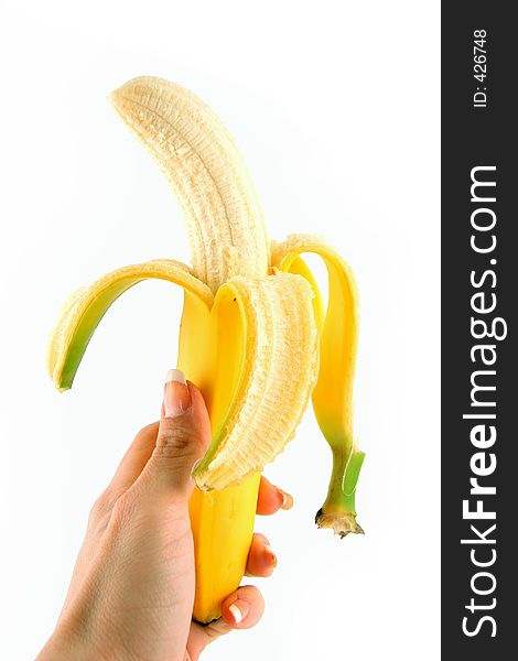 Peeled Banan in Hand on White. Peeled Banan in Hand on White