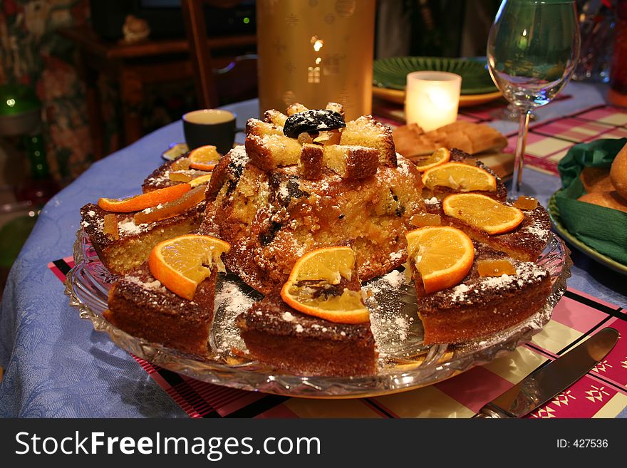 An orange cake on a table