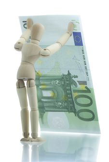 Manikin Holds Falling Euro Bill Stock Photography Manikin Holds Falling Euro Bill Stock Photography