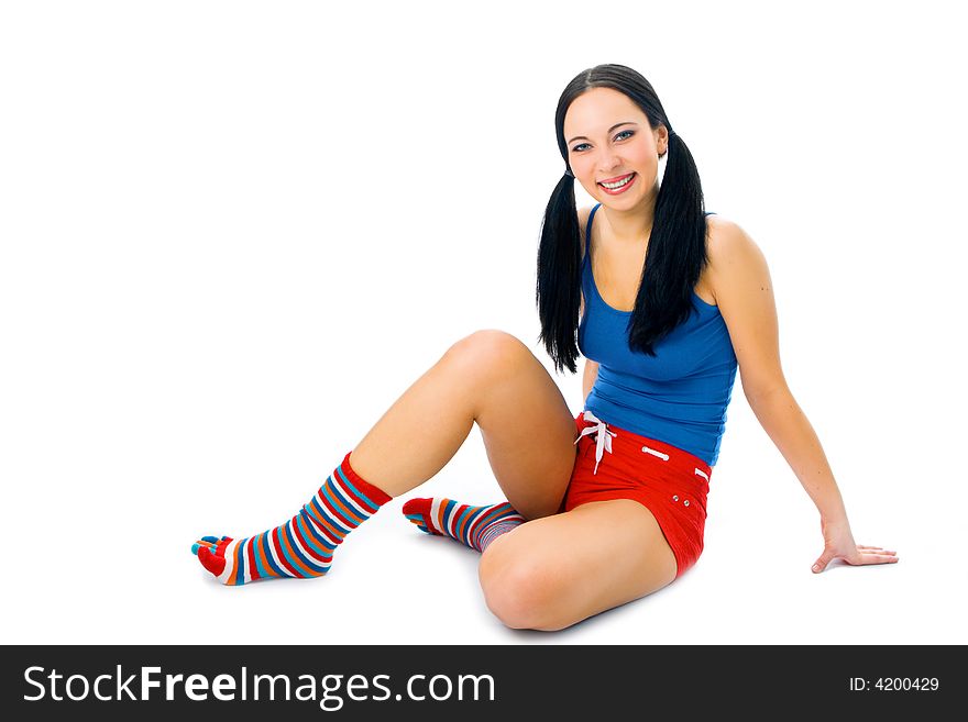 Fitness woman with strip sock on white background