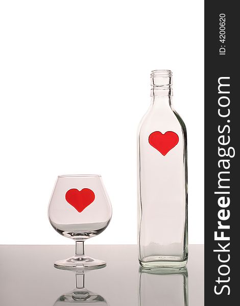 Bottle and glass with hearts