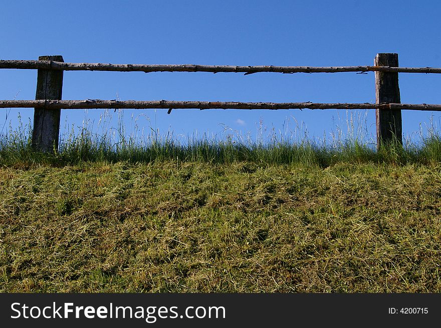 It is a fence in the summer day.