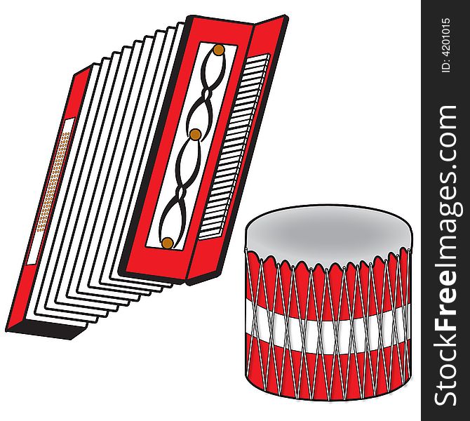 Musical instruments red accordion & drum