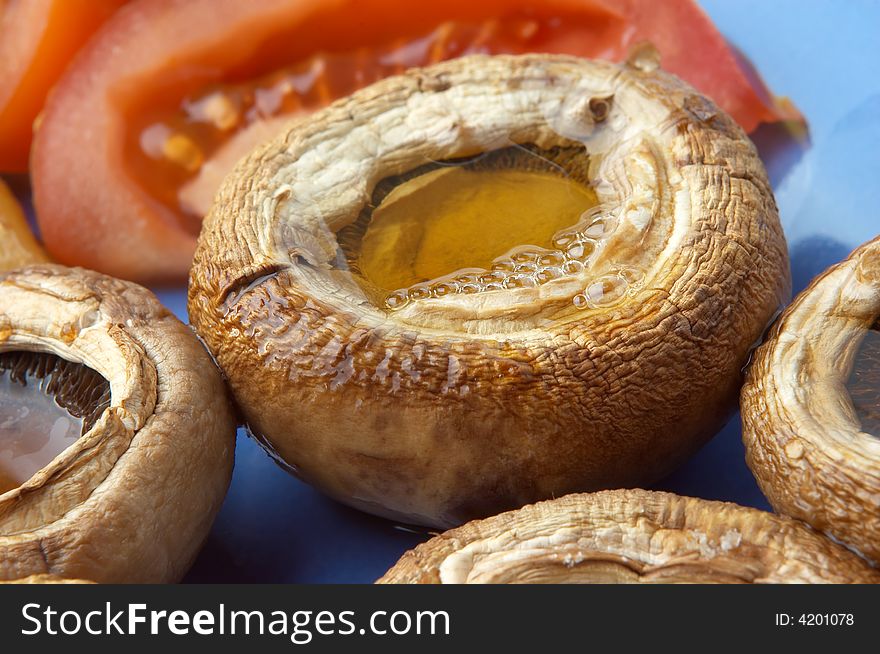 Macro closeup of juicy grilled field mushrooms. Macro closeup of juicy grilled field mushrooms