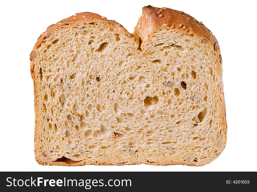 A closed up shot of a slice of country bread isolated on a white background