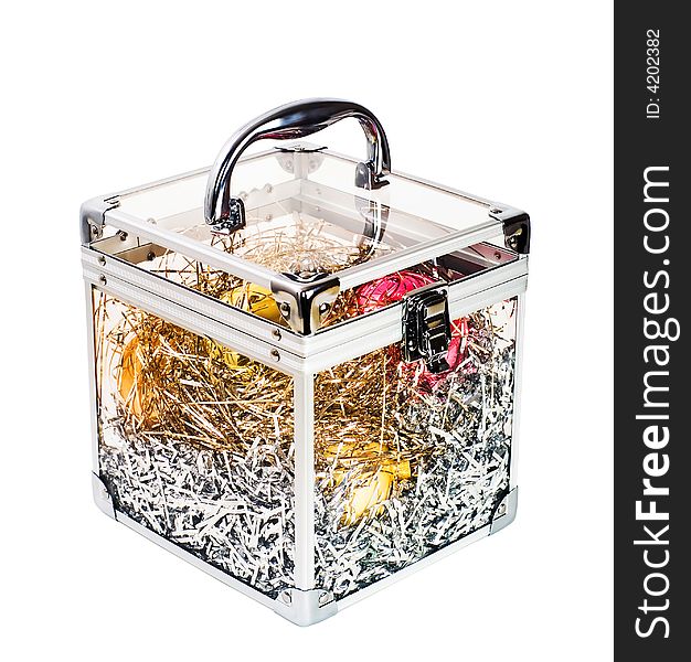 Transparent box with Christmas presents and decorations. Transparent box with Christmas presents and decorations