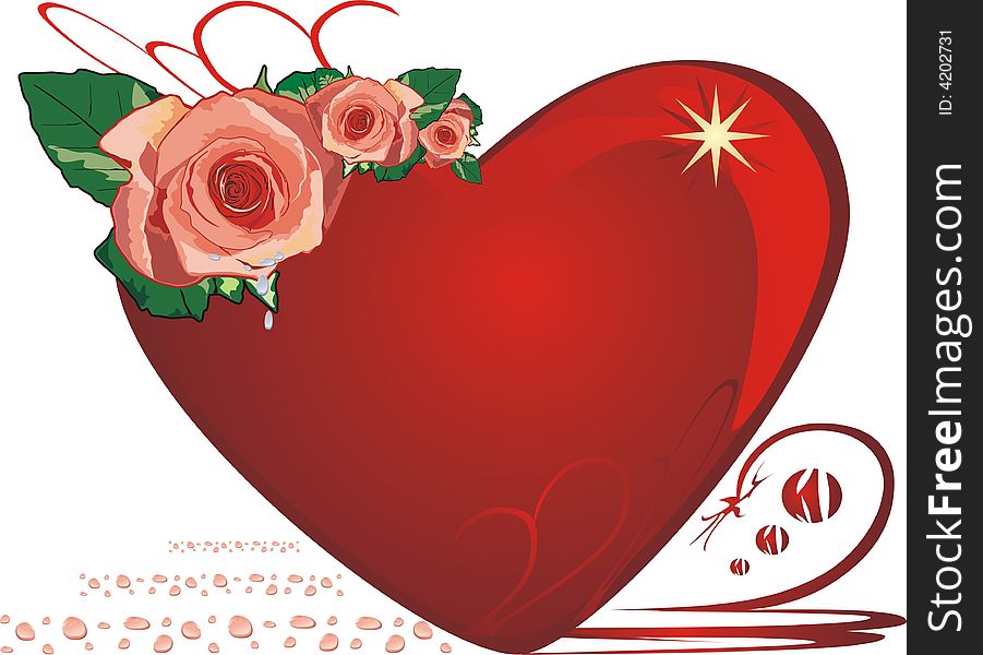 Roses. Drops. Heart. Valentines day. Vector