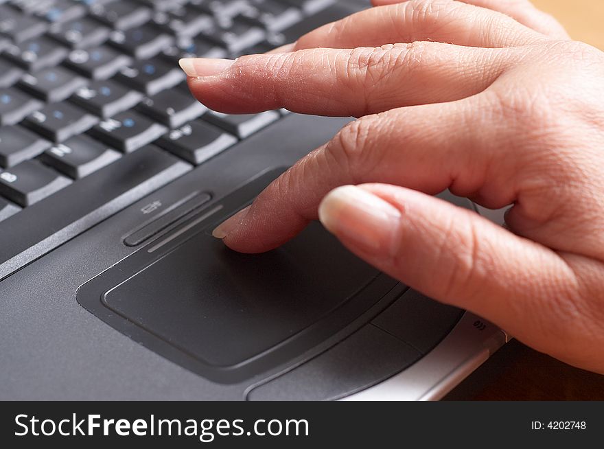 Mid age woman's hands on the keyboard of laptop in the office. Mid age woman's hands on the keyboard of laptop in the office