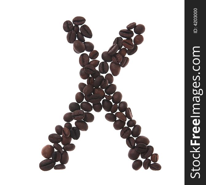 Coffee letter x, white background, isolated