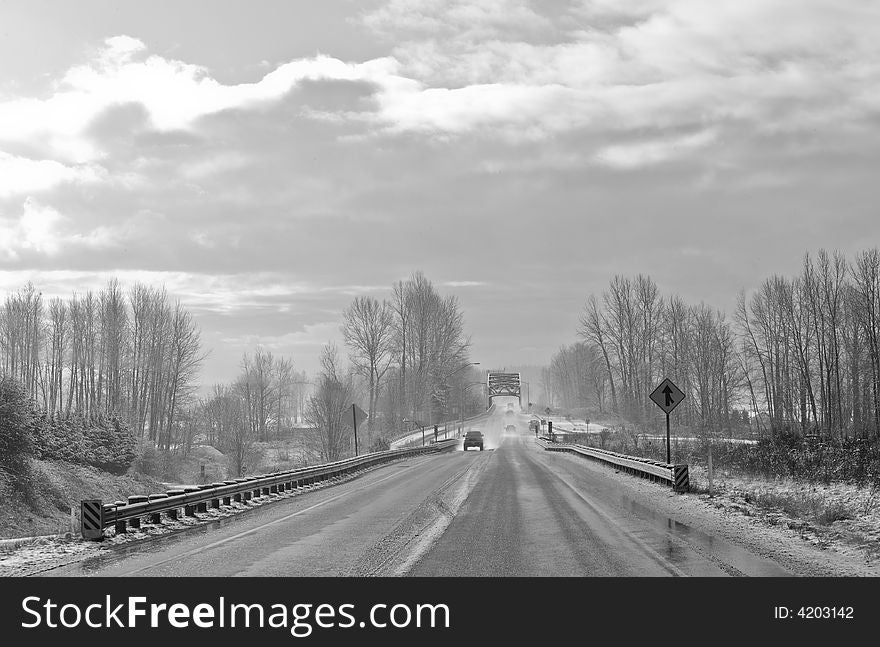 Hwy 9 south in snohomish wa in winter b&w. Hwy 9 south in snohomish wa in winter b&w