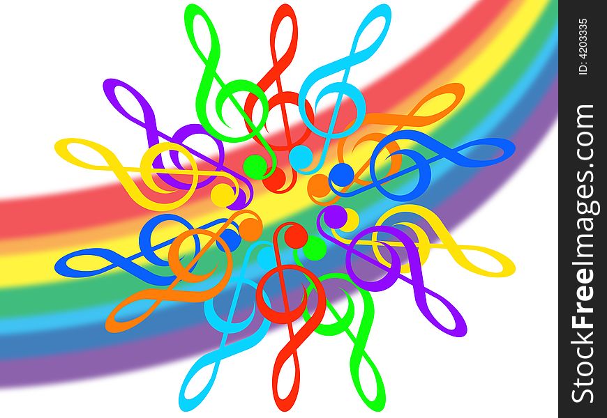 Treble clefs in colors of a rainbow and a rainbow on a white background. Treble clefs in colors of a rainbow and a rainbow on a white background