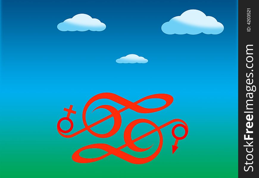 Red treble clefs and clouds on a background of the sky. Red treble clefs and clouds on a background of the sky