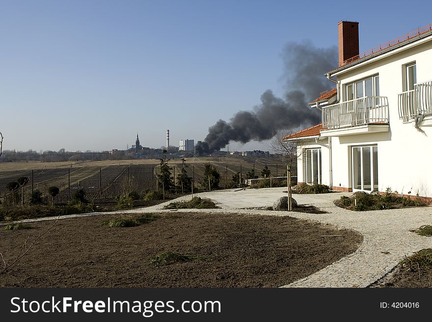 House fire and black smoke