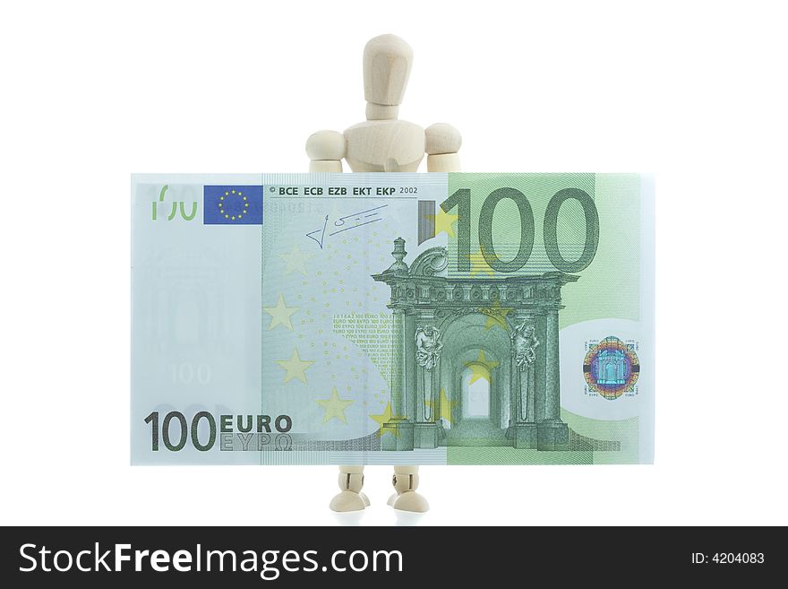 Manikin holds euro bill in hands