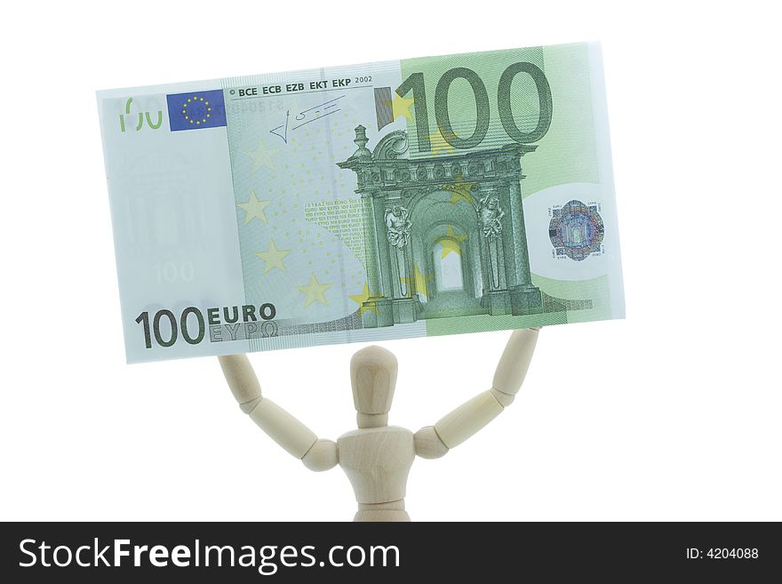 Manikin holds euro bill in hands high up. Manikin holds euro bill in hands high up