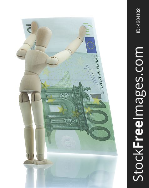 Manikin Holds Falling Euro Bill