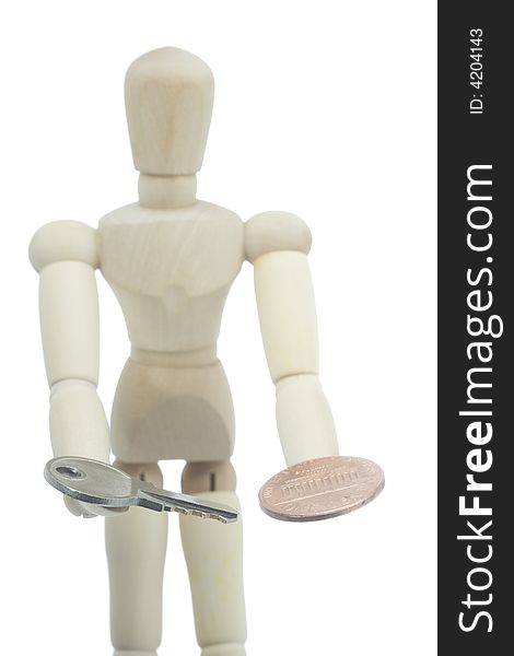 Manikin offering key and coin. Manikin offering key and coin