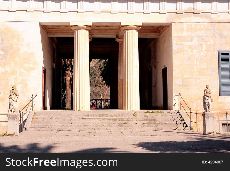 Ancient villa Bordonaro entrance  columns and Statues. Palermo, Sicily. Italy. Ancient villa Bordonaro entrance  columns and Statues. Palermo, Sicily. Italy